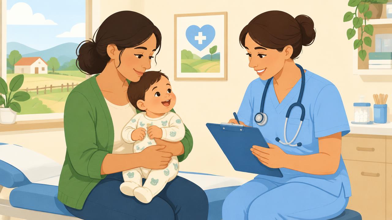 Madre sosteniendo a su bebé mientras una enfermera revisa su carné de vacunas en un centro de salud